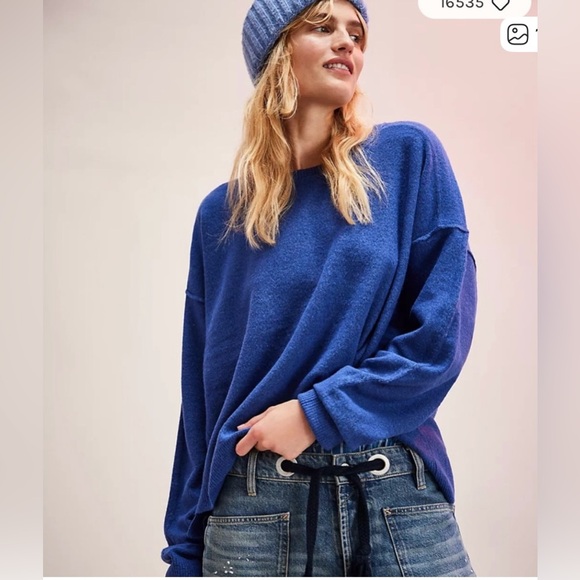 Free People Luna Pullover Crew Neck Sweater in Delta Blue...